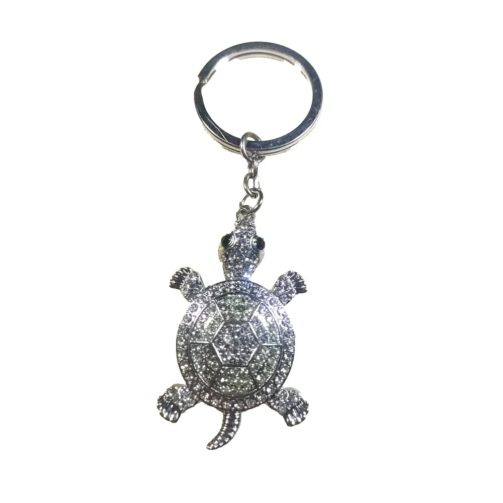 Rhinestone Turtle Keychain Silver Tone Sparkles